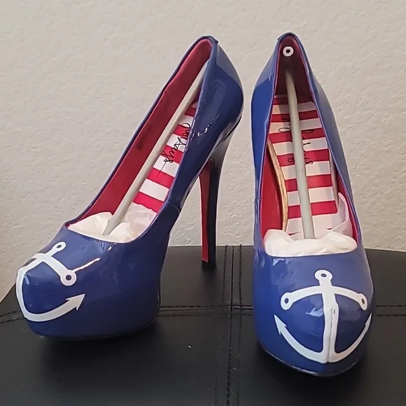 New! Nautical pinup Taylor Says by Reeves Anchors Away blue white heels 7.5 - Picture 4 of 5